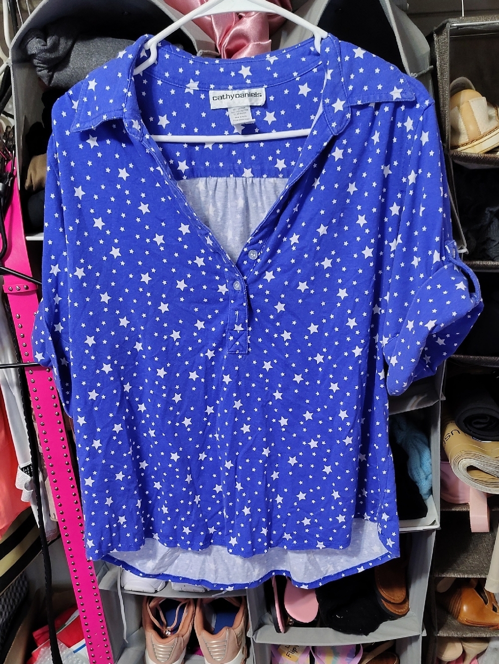 Cathy Daniels Royal Blue Star-Print Button Front Top